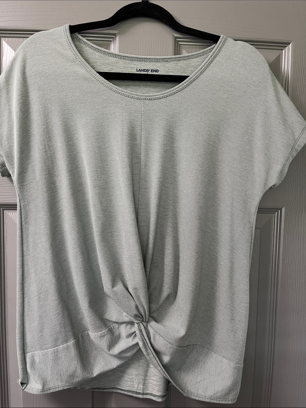 Lands' End Women's Light olive green stripe,Twist-Knot Short Sleeve Tee